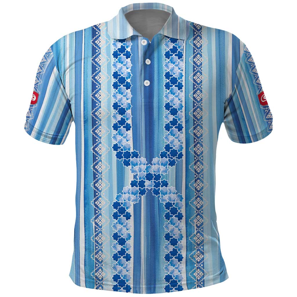 Tunisian Mosaic Pattern Polo Shirt with Blue Stripes and Traditional Tile Design