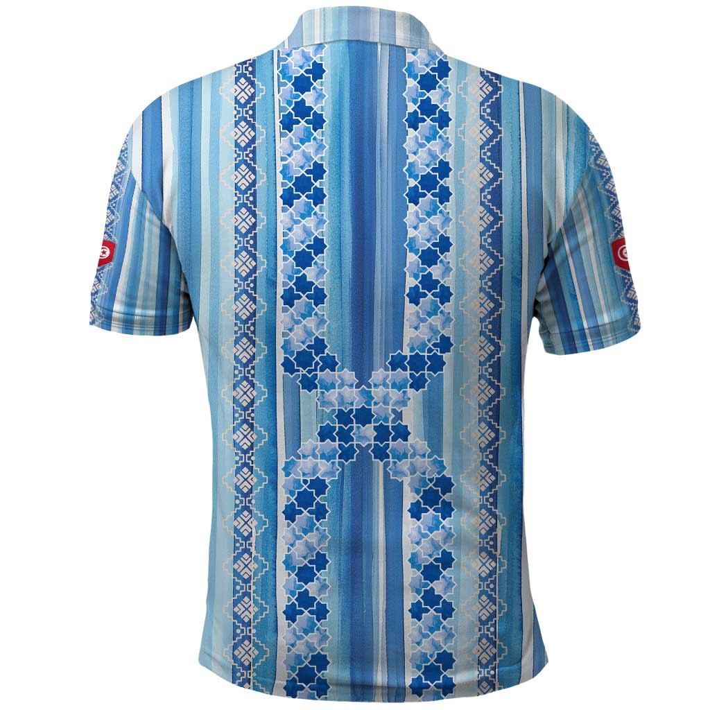 Tunisian Mosaic Pattern Polo Shirt with Blue Stripes and Traditional Tile Design