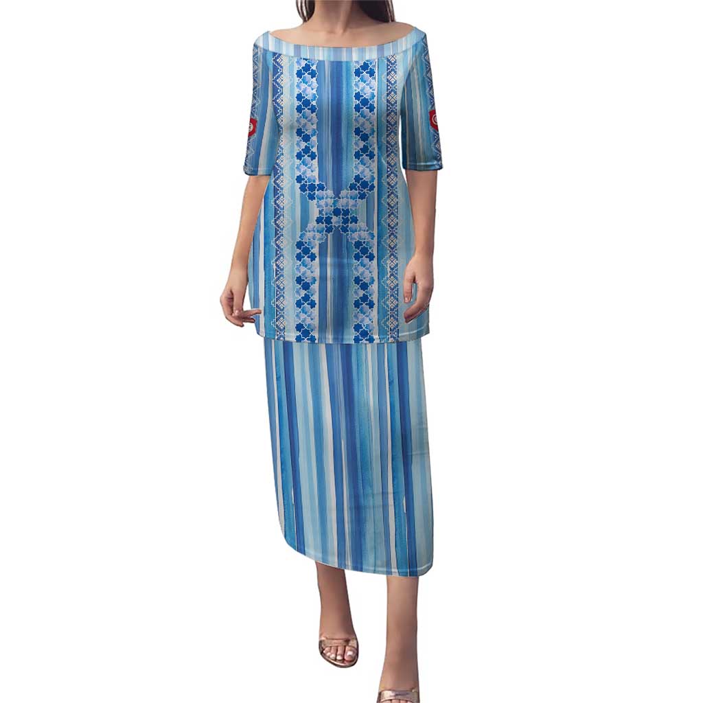 Tunisian Mosaic Pattern Puletasi with Blue Stripes and Traditional Tile Design