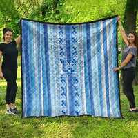 Tunisian Mosaic Pattern Quilt with Blue Stripes and Traditional Tile Design