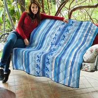 Tunisian Mosaic Pattern Quilt with Blue Stripes and Traditional Tile Design