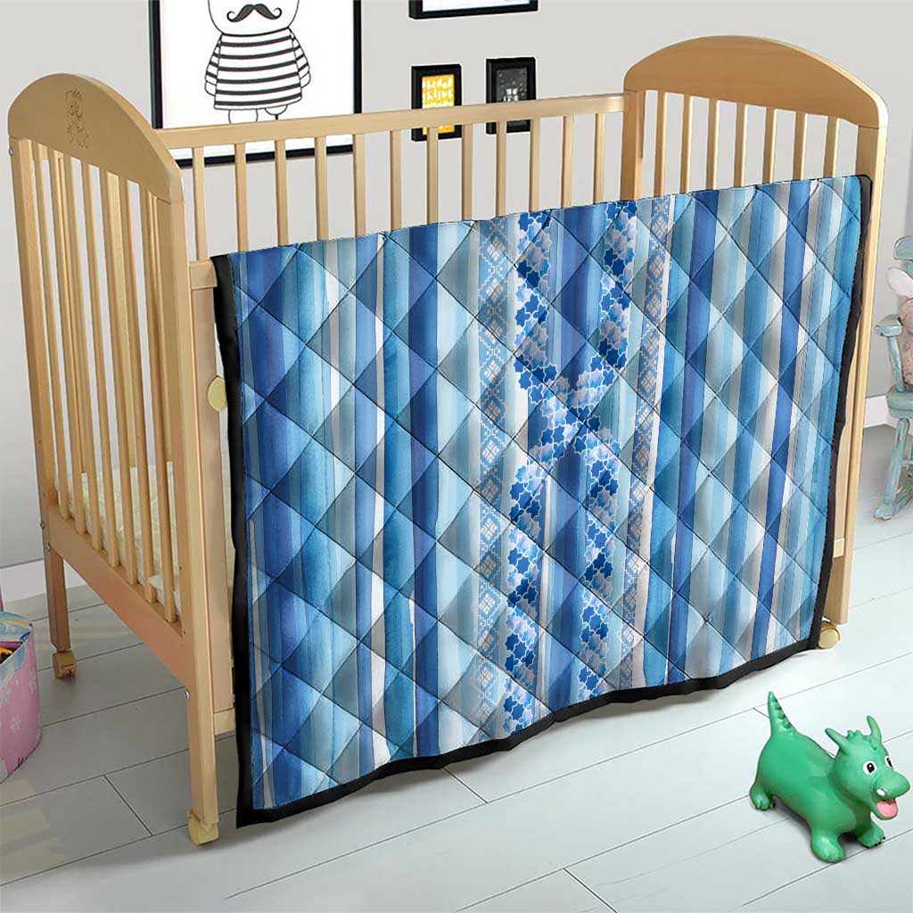 Tunisian Mosaic Pattern Quilt with Blue Stripes and Traditional Tile Design