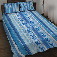 Tunisian Mosaic Pattern Quilt Bed Set with Blue Stripes and Traditional Tile Design
