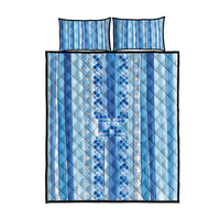 Tunisian Mosaic Pattern Quilt Bed Set with Blue Stripes and Traditional Tile Design