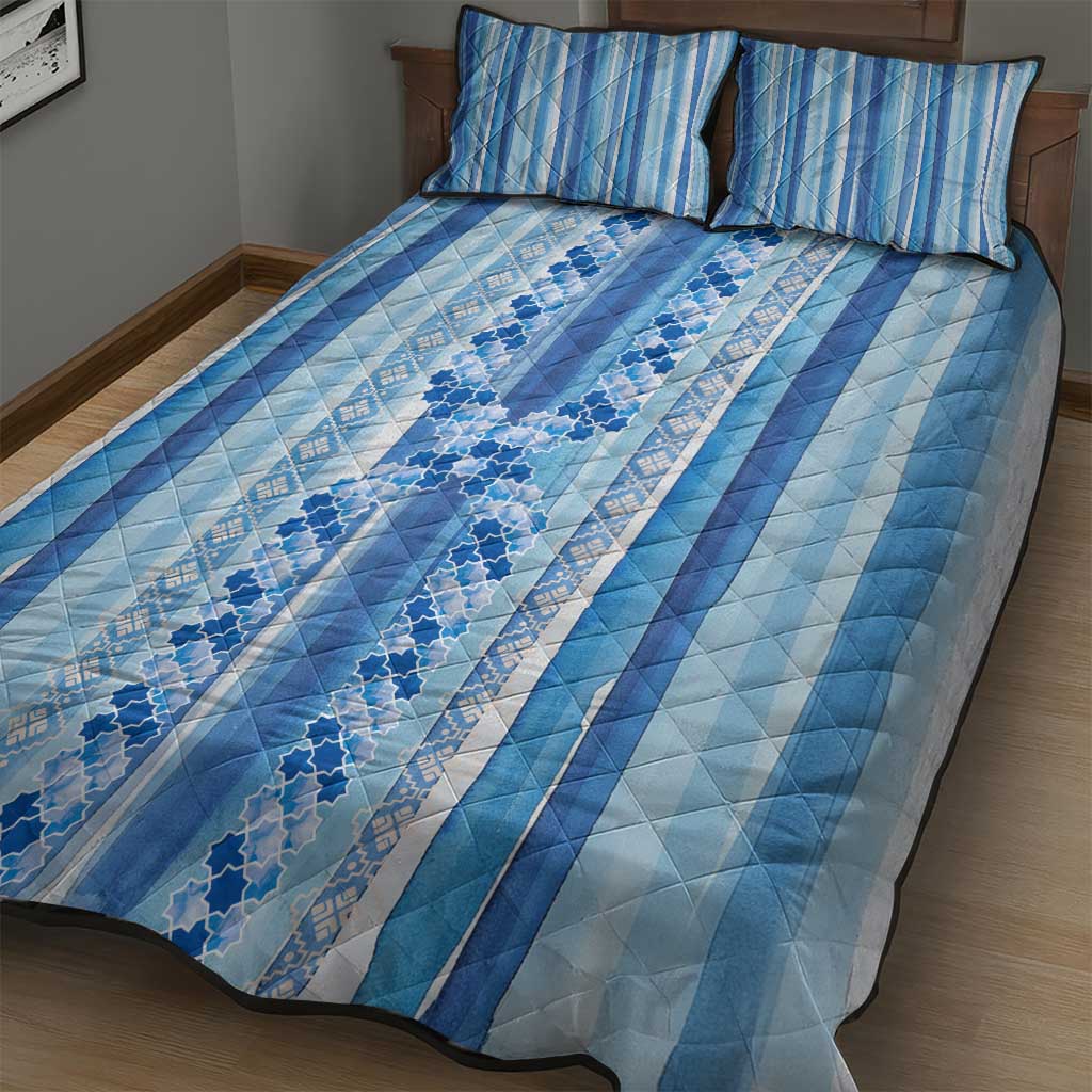 Tunisian Mosaic Pattern Quilt Bed Set with Blue Stripes and Traditional Tile Design