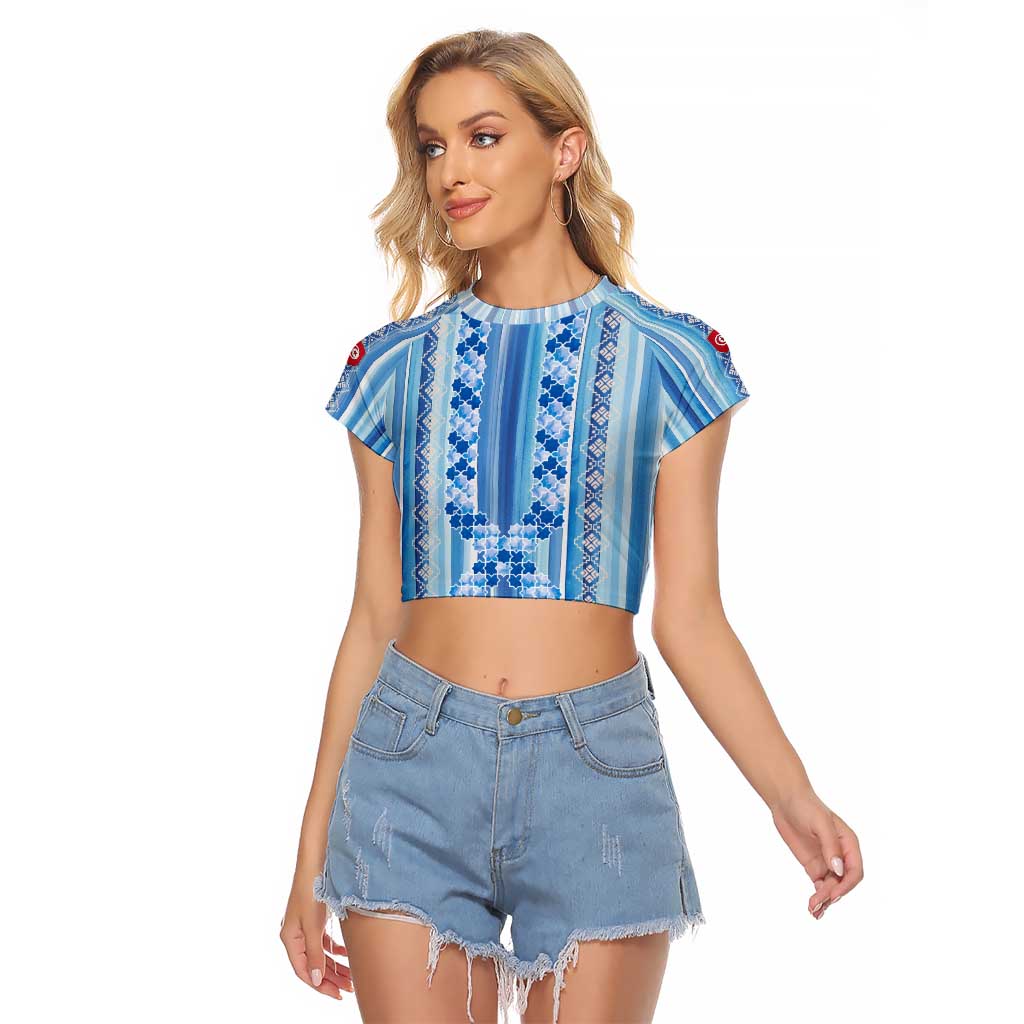 Tunisian Mosaic Pattern Raglan Cropped T Shirt with Blue Stripes and Traditional Tile Design