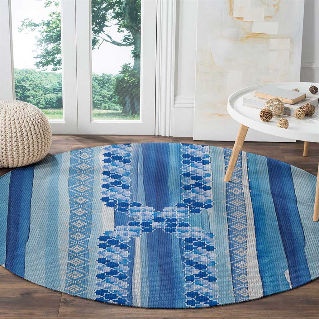 Tunisian Mosaic Pattern Round Carpet with Blue Stripes and Traditional Tile Design