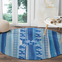 Tunisian Mosaic Pattern Round Carpet with Blue Stripes and Traditional Tile Design