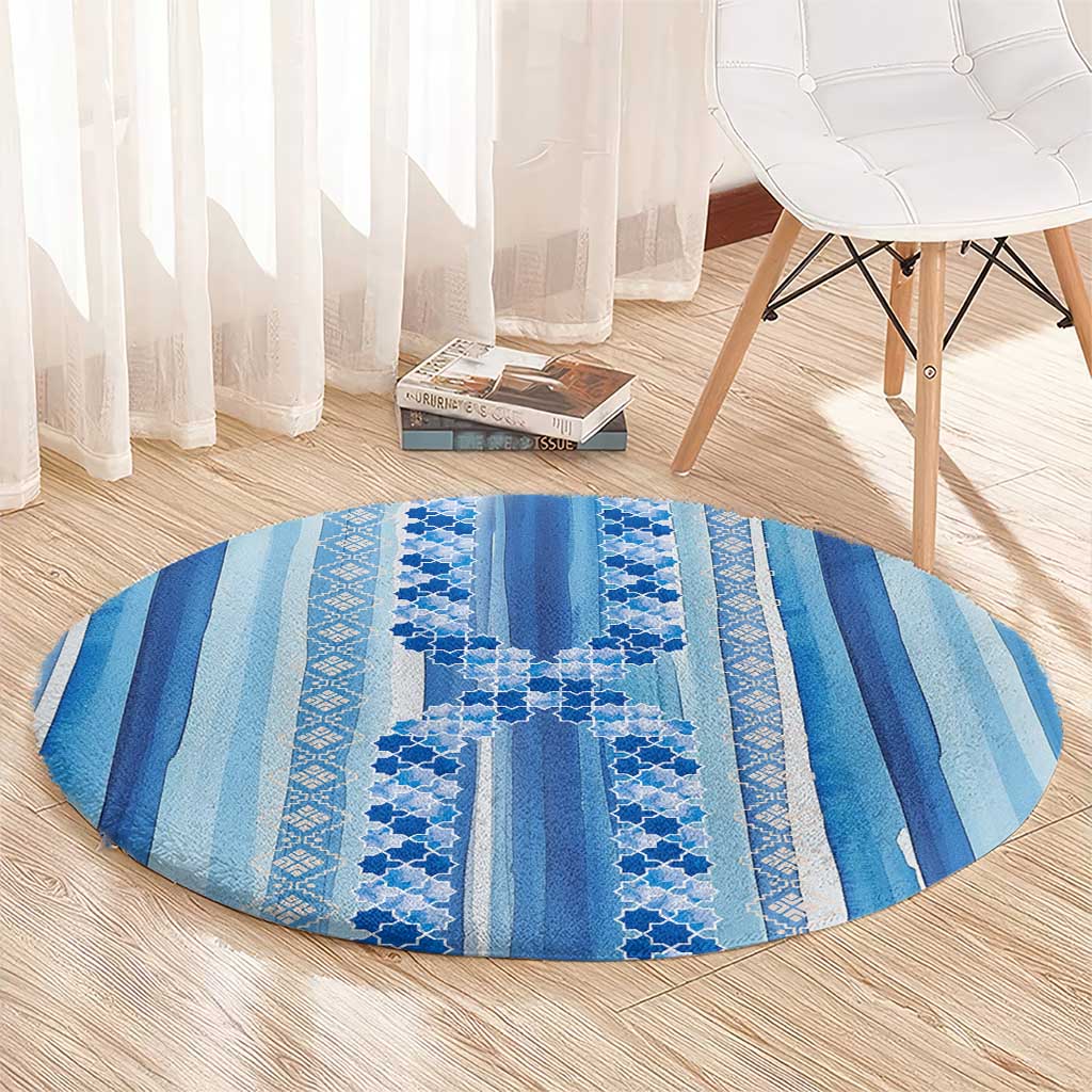 Tunisian Mosaic Pattern Round Carpet with Blue Stripes and Traditional Tile Design
