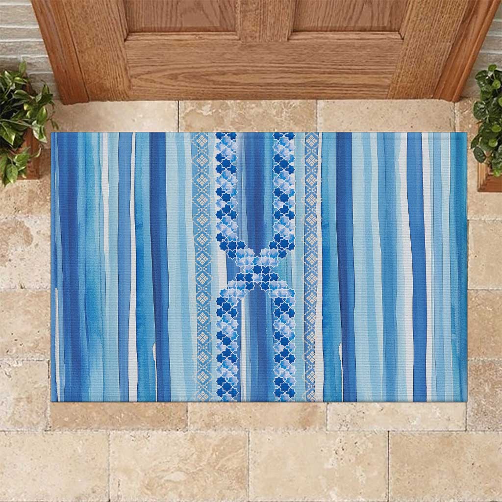 Tunisian Mosaic Pattern Rubber Doormat with Blue Stripes and Traditional Tile Design