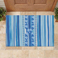 Tunisian Mosaic Pattern Rubber Doormat with Blue Stripes and Traditional Tile Design