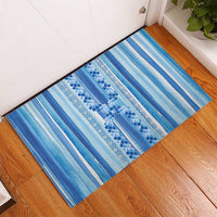 Tunisian Mosaic Pattern Rubber Doormat with Blue Stripes and Traditional Tile Design