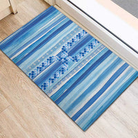Tunisian Mosaic Pattern Rubber Doormat with Blue Stripes and Traditional Tile Design