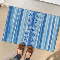 Tunisian Mosaic Pattern Rubber Doormat with Blue Stripes and Traditional Tile Design