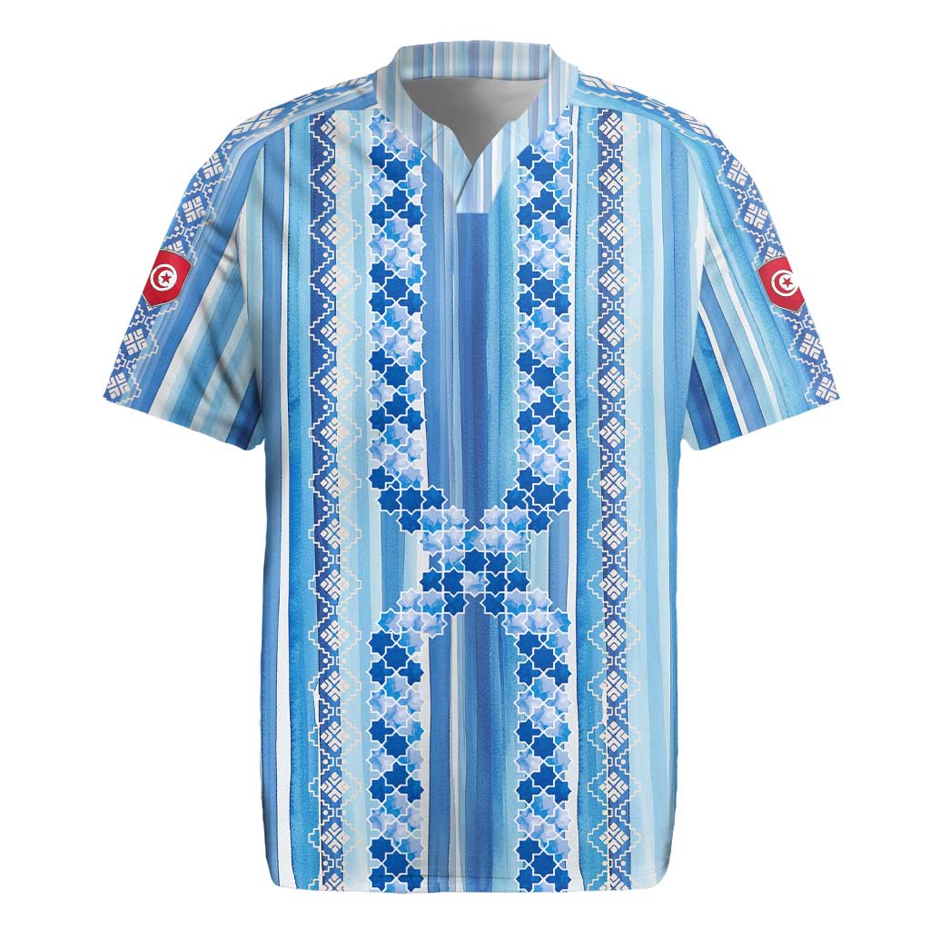 Tunisian Mosaic Pattern Rugby Jersey with Blue Stripes and Traditional Tile Design