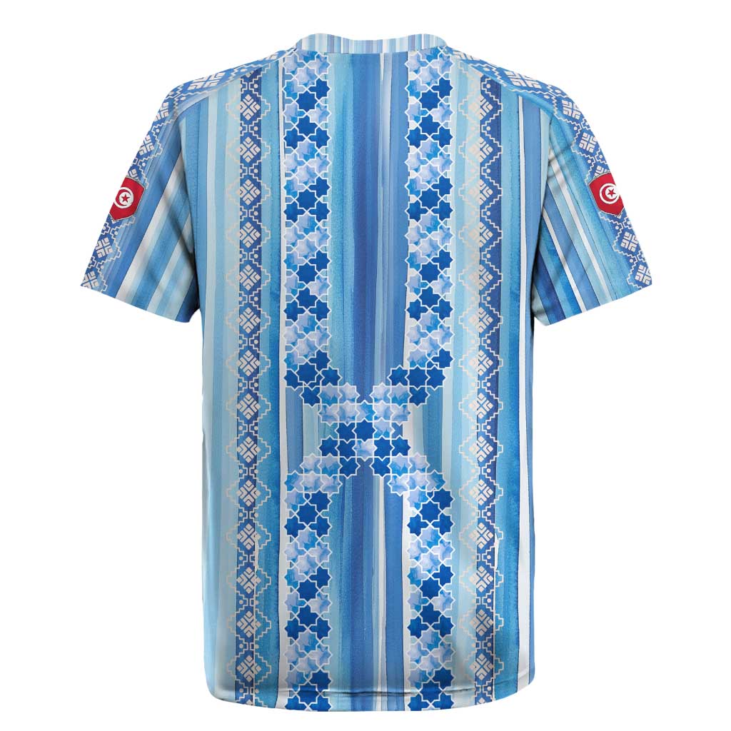 Tunisian Mosaic Pattern Rugby Jersey with Blue Stripes and Traditional Tile Design