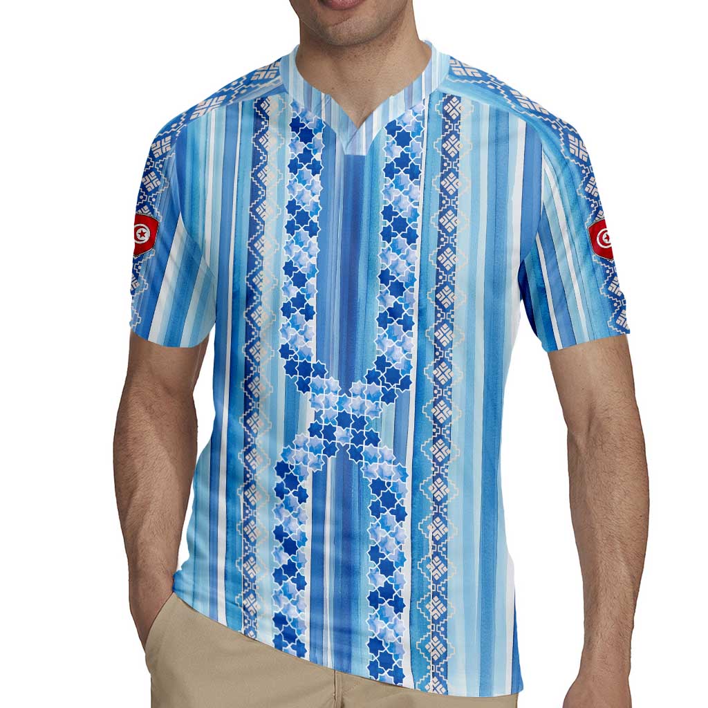 Tunisian Mosaic Pattern Rugby Jersey with Blue Stripes and Traditional Tile Design