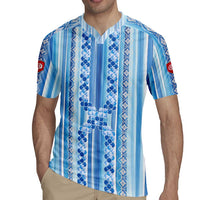 Tunisian Mosaic Pattern Rugby Jersey with Blue Stripes and Traditional Tile Design