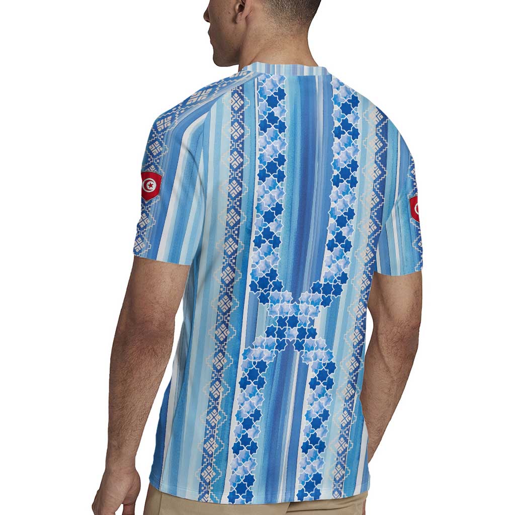 Tunisian Mosaic Pattern Rugby Jersey with Blue Stripes and Traditional Tile Design