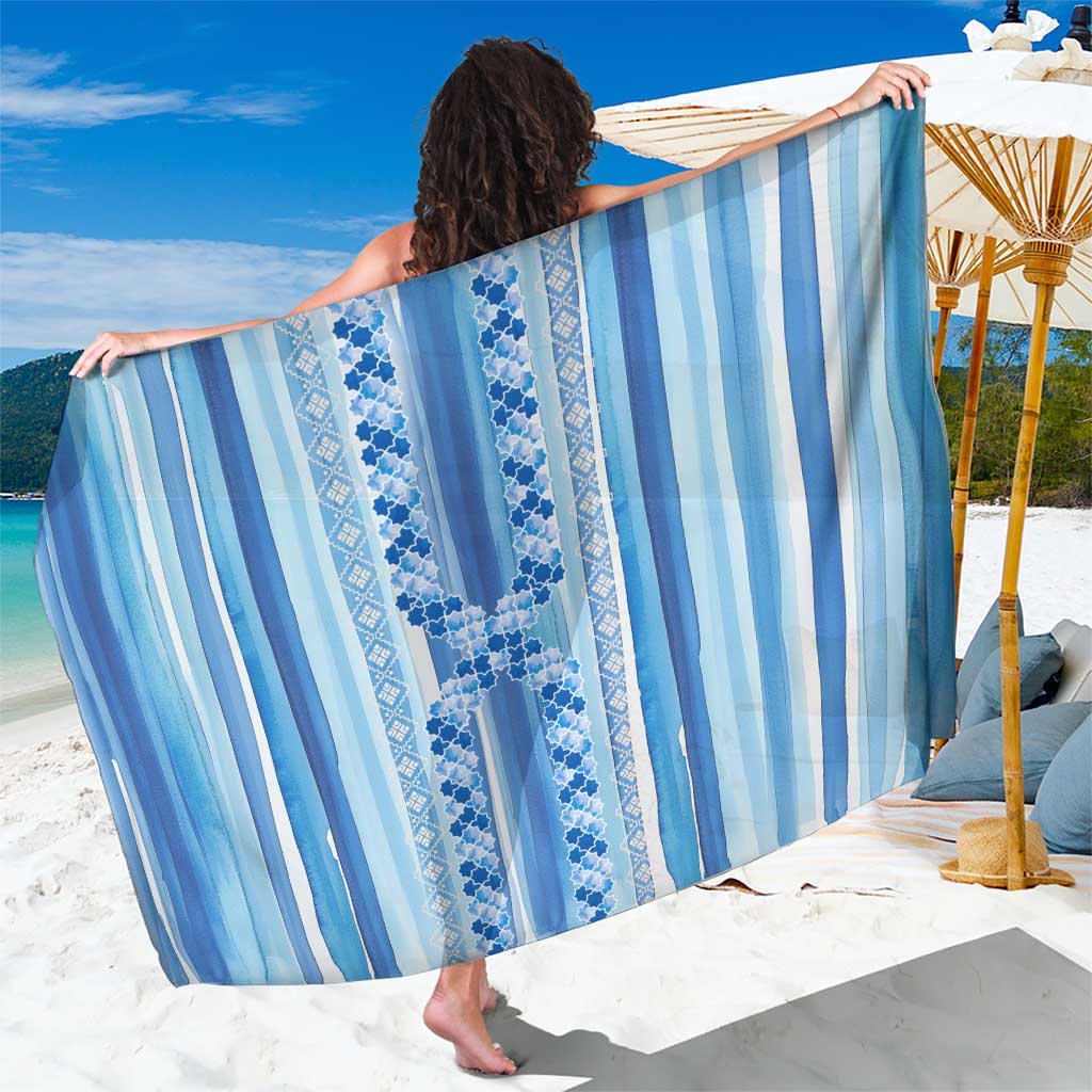 Tunisian Mosaic Pattern Sarong with Blue Stripes and Traditional Tile Design