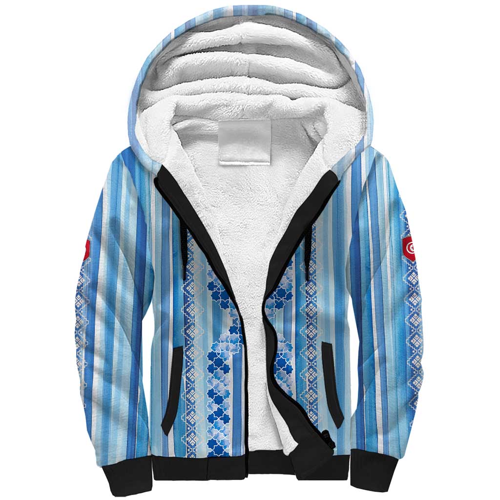 Tunisian Mosaic Pattern Sherpa Hoodie with Blue Stripes and Traditional Tile Design