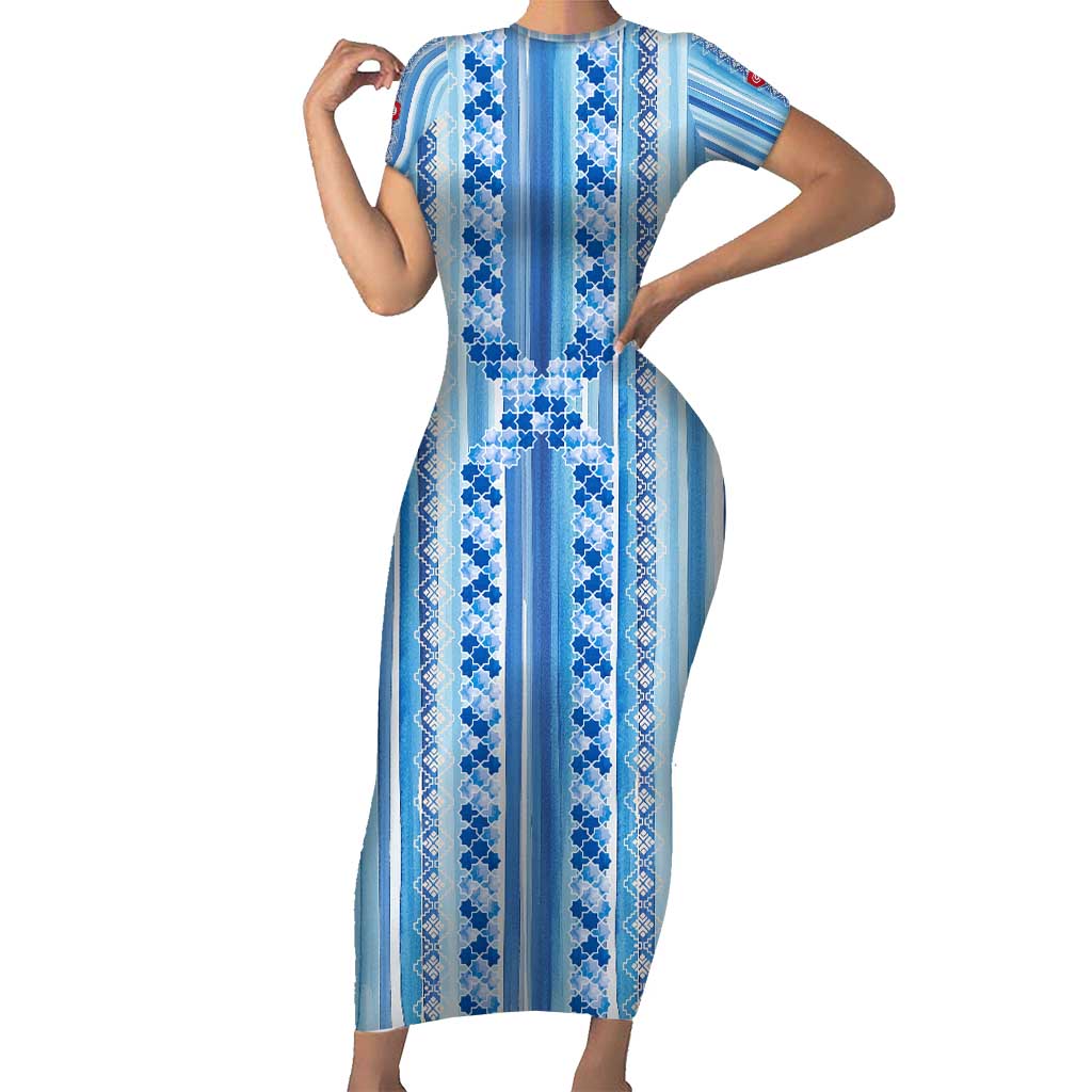 Tunisian Mosaic Pattern Short Sleeve Bodycon Dress with Blue Stripes and Traditional Tile Design