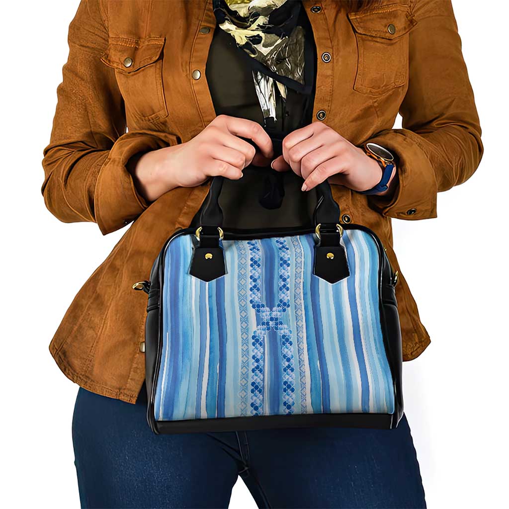 Tunisian Mosaic Pattern Shoulder Handbag with Blue Stripes and Traditional Tile Design