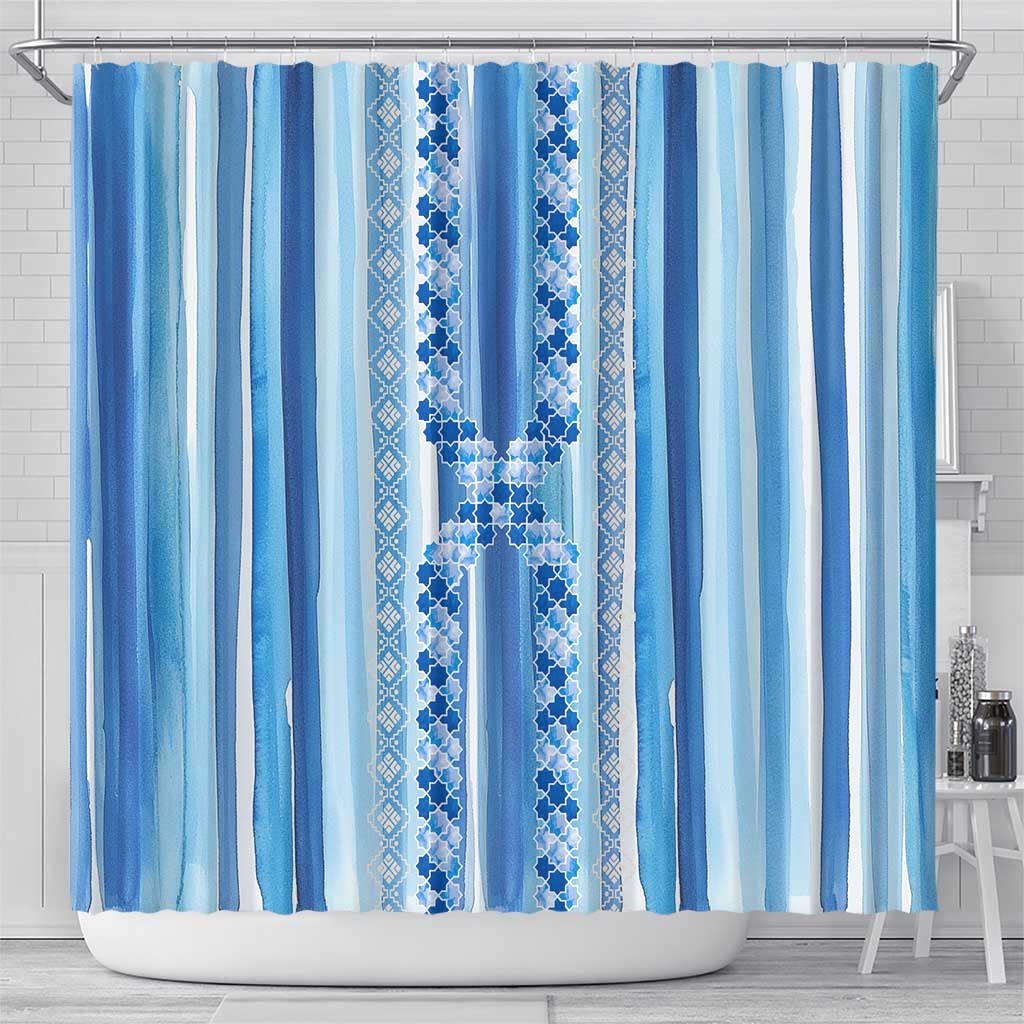 Tunisian Mosaic Pattern Shower Curtain with Blue Stripes and Traditional Tile Design
