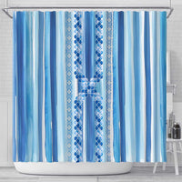Tunisian Mosaic Pattern Shower Curtain with Blue Stripes and Traditional Tile Design