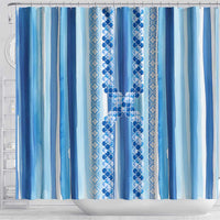 Tunisian Mosaic Pattern Shower Curtain with Blue Stripes and Traditional Tile Design