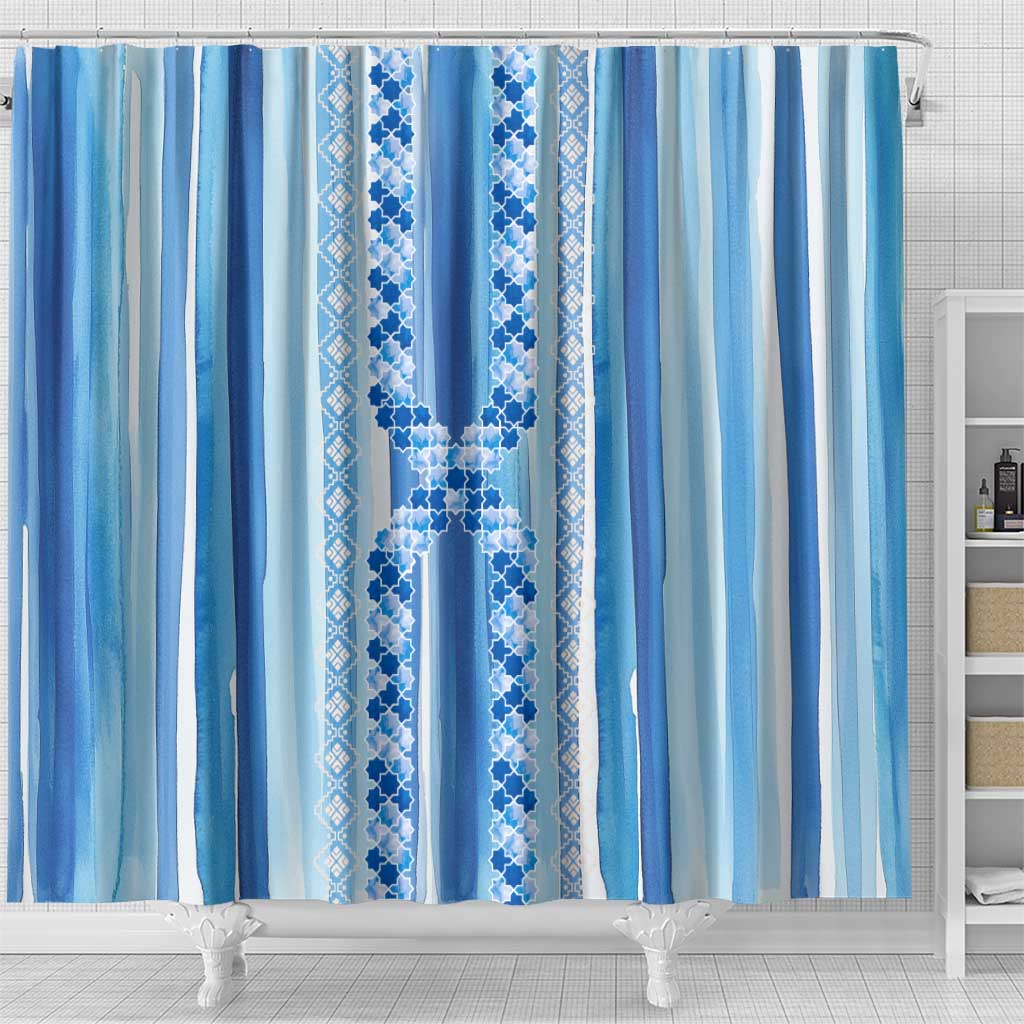 Tunisian Mosaic Pattern Shower Curtain with Blue Stripes and Traditional Tile Design