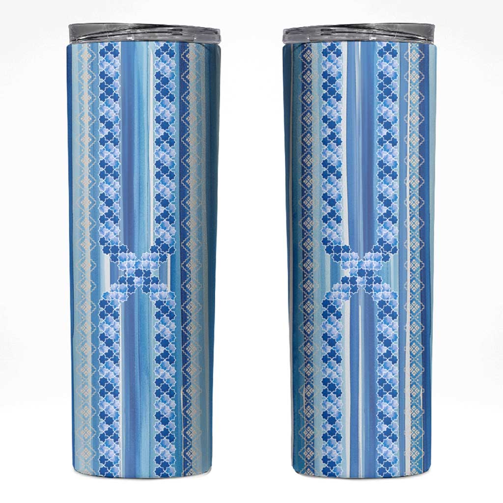 Tunisian Mosaic Pattern Skinny Tumbler with Blue Stripes and Traditional Tile Design