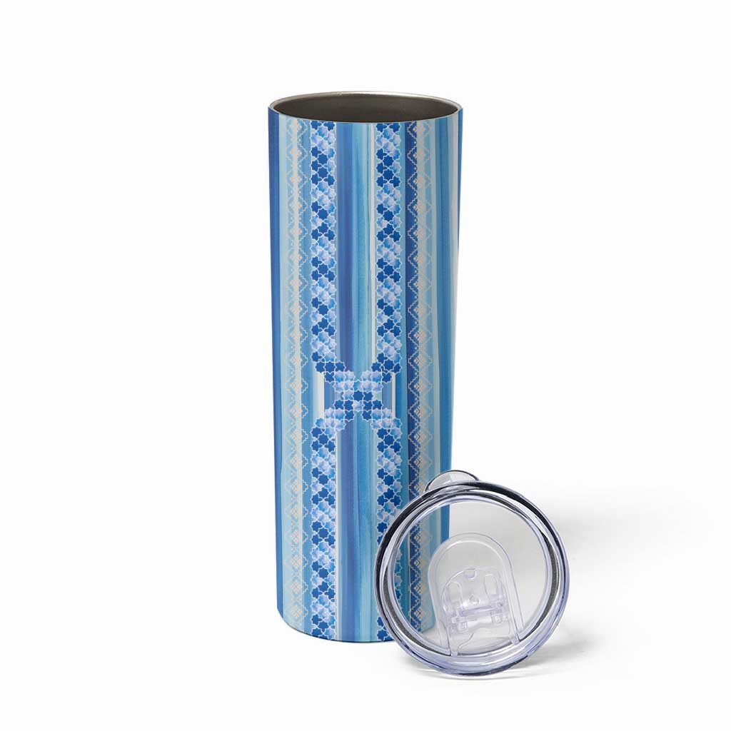Tunisian Mosaic Pattern Skinny Tumbler with Blue Stripes and Traditional Tile Design