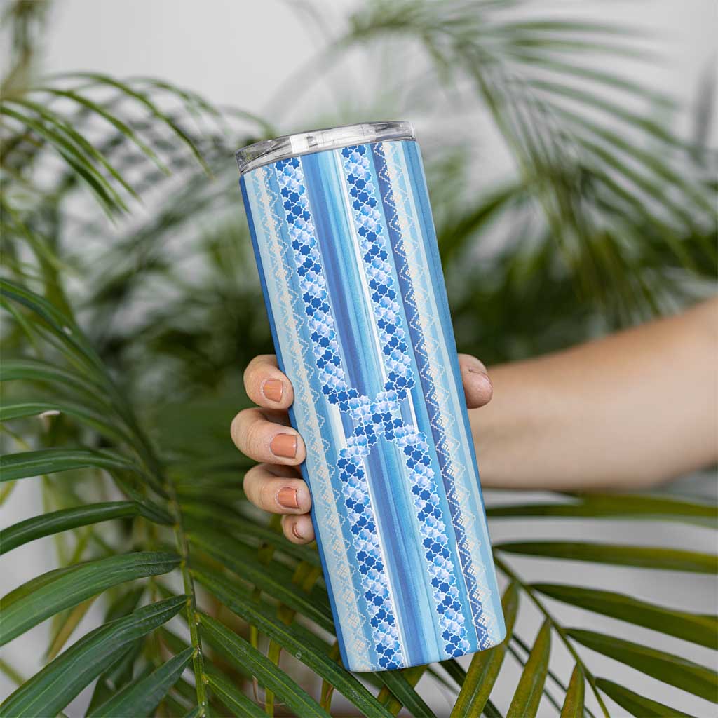 Tunisian Mosaic Pattern Skinny Tumbler with Blue Stripes and Traditional Tile Design