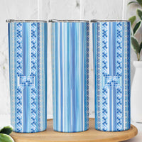 Tunisian Mosaic Pattern Skinny Tumbler with Blue Stripes and Traditional Tile Design