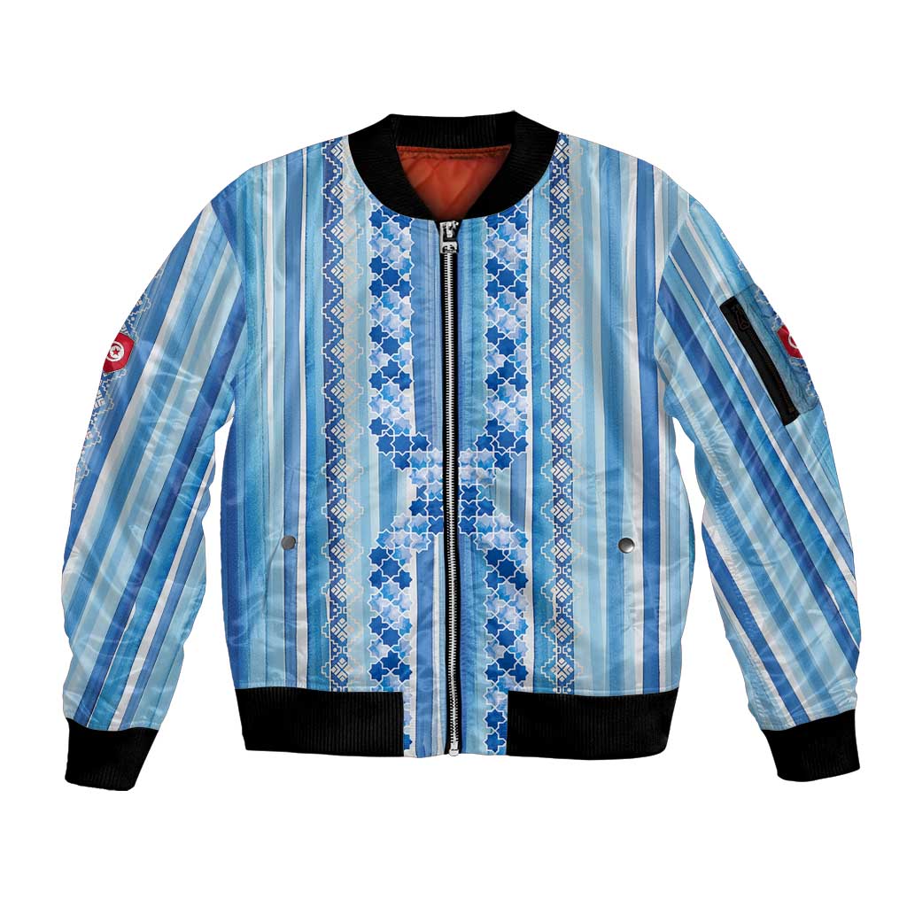 Tunisian Mosaic Pattern Sleeve Zip Bomber Jacket with Blue Stripes and Traditional Tile Design