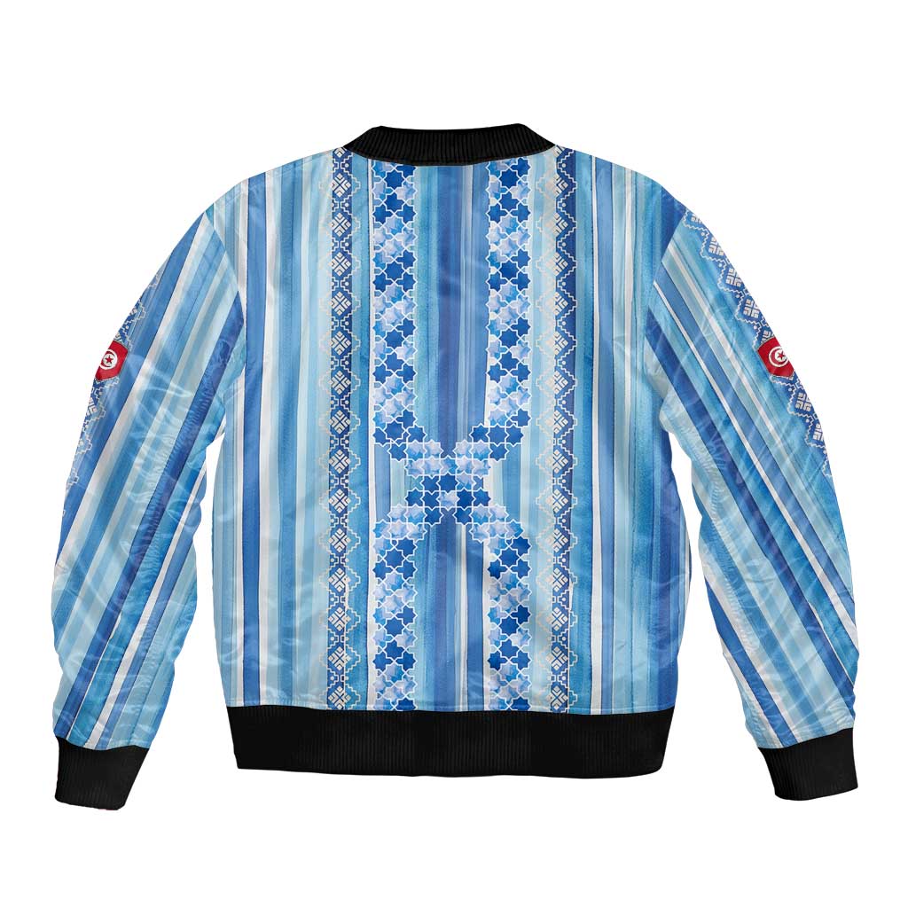 Tunisian Mosaic Pattern Sleeve Zip Bomber Jacket with Blue Stripes and Traditional Tile Design