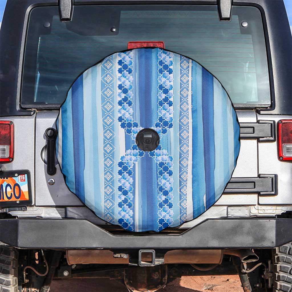 Tunisian Mosaic Pattern Spare Tire Cover with Blue Stripes and Traditional Tile Design