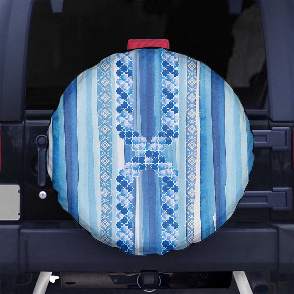 Tunisian Mosaic Pattern Spare Tire Cover with Blue Stripes and Traditional Tile Design