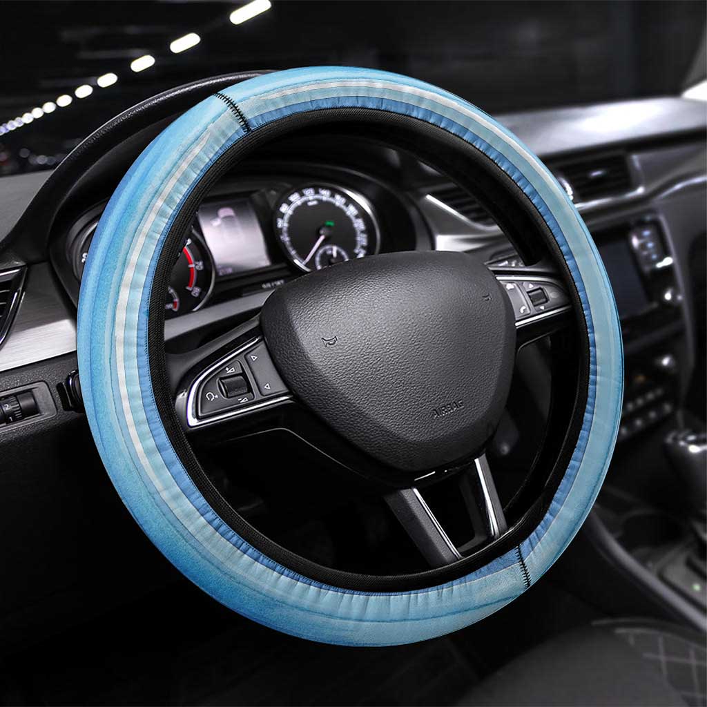 Tunisian Mosaic Pattern Steering Wheel Cover with Blue Stripes and Traditional Tile Design