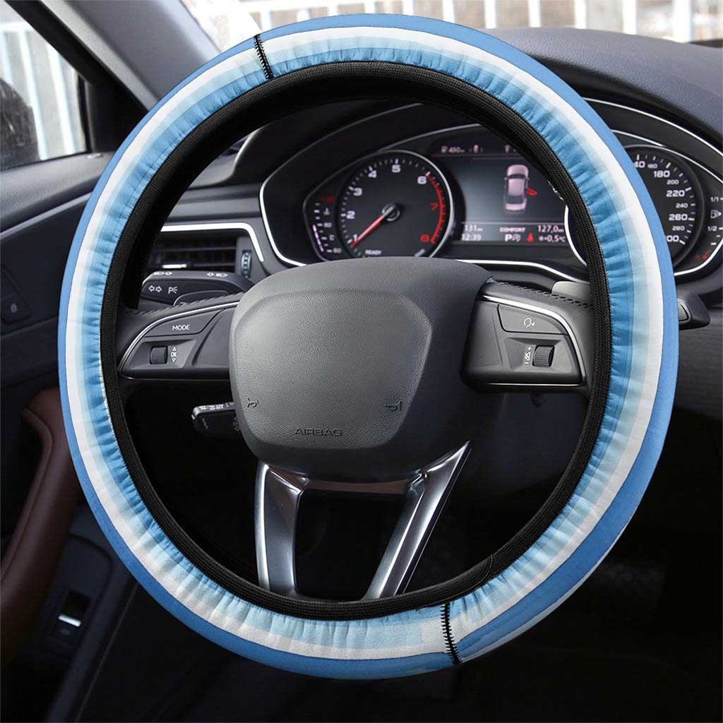 Tunisian Mosaic Pattern Steering Wheel Cover with Blue Stripes and Traditional Tile Design