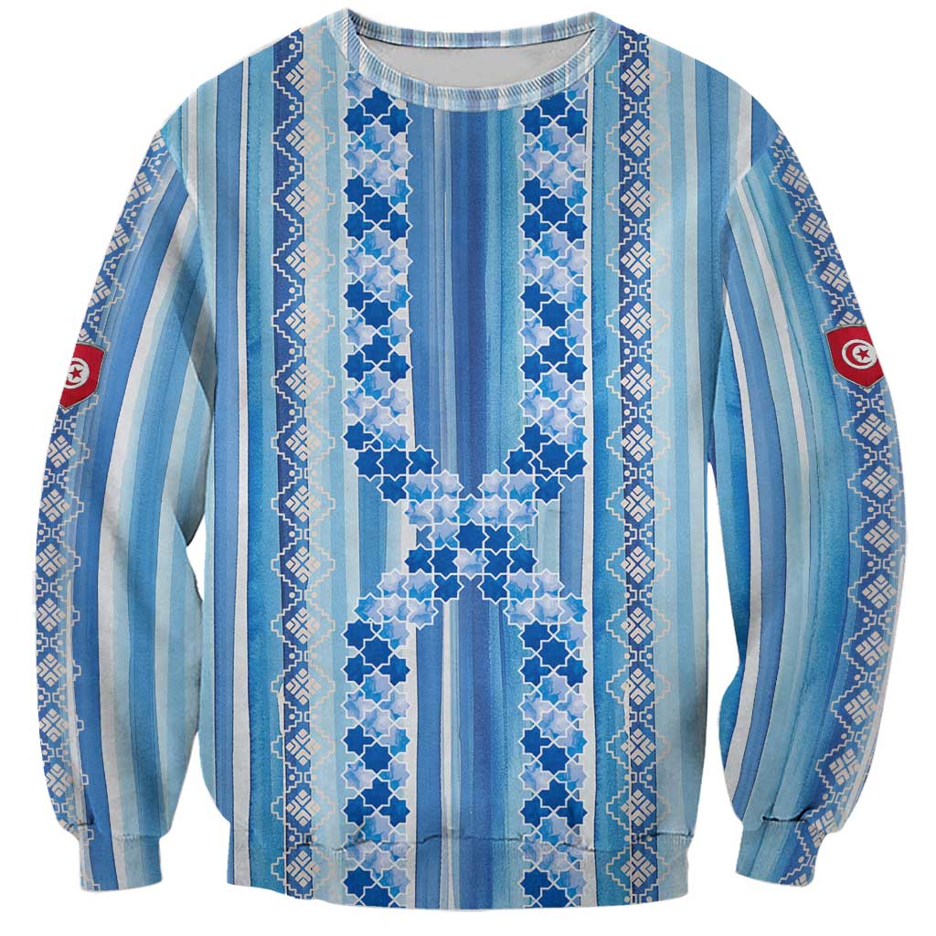 Tunisian Mosaic Pattern Sweatshirt with Blue Stripes and Traditional Tile Design