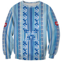 Tunisian Mosaic Pattern Sweatshirt with Blue Stripes and Traditional Tile Design