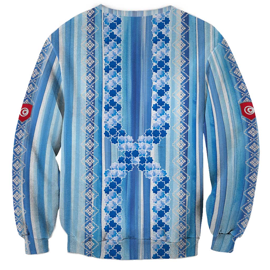 Tunisian Mosaic Pattern Sweatshirt with Blue Stripes and Traditional Tile Design