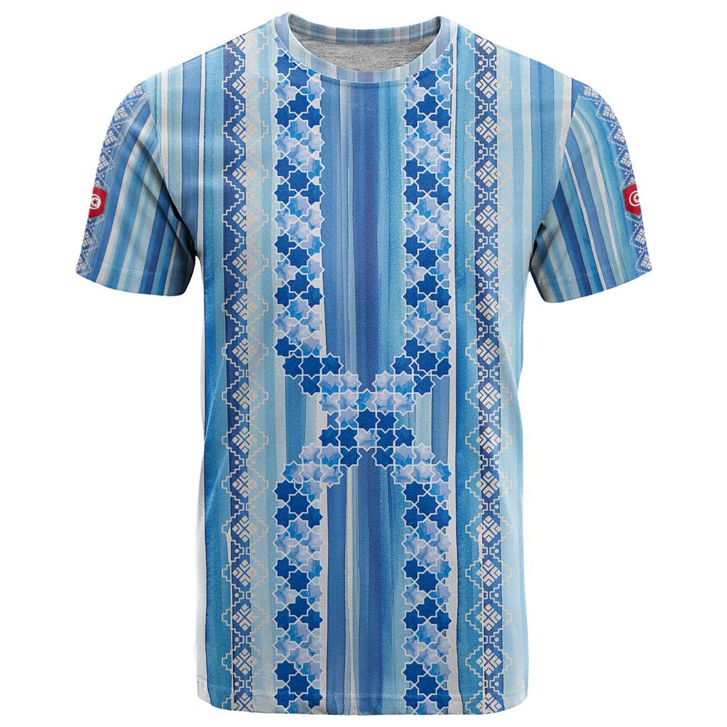 Tunisian Mosaic Pattern T Shirt with Blue Stripes and Traditional Tile Design