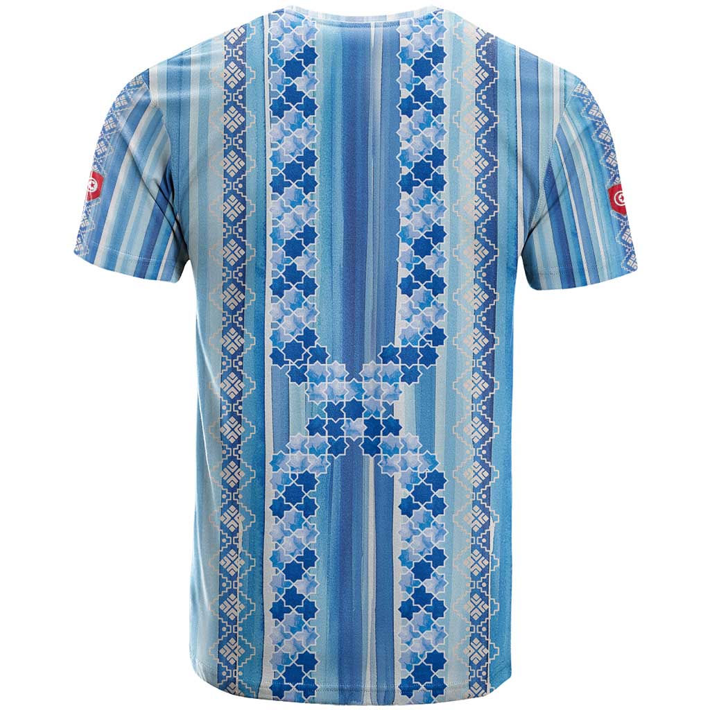 Tunisian Mosaic Pattern T Shirt with Blue Stripes and Traditional Tile Design