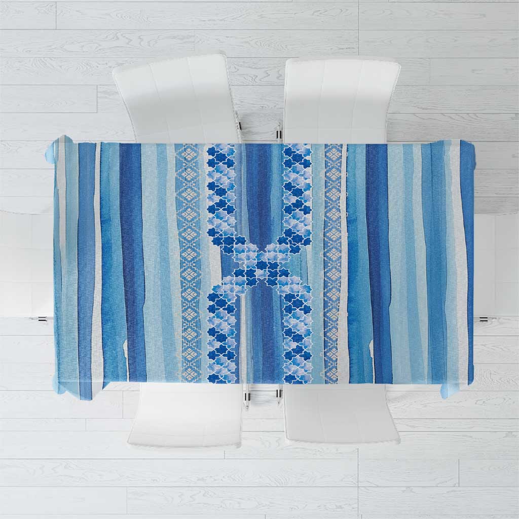 Tunisian Mosaic Pattern Tablecloth with Blue Stripes and Traditional Tile Design