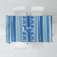 Tunisian Mosaic Pattern Tablecloth with Blue Stripes and Traditional Tile Design