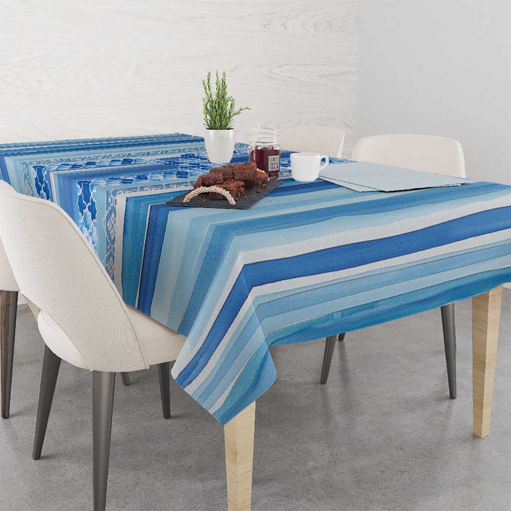 Tunisian Mosaic Pattern Tablecloth with Blue Stripes and Traditional Tile Design
