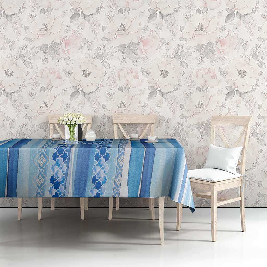 Tunisian Mosaic Pattern Tablecloth with Blue Stripes and Traditional Tile Design